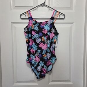 Breaking Waves Girls Black Multi-color Tropical Print One Piece Swimsuit Sz 14P